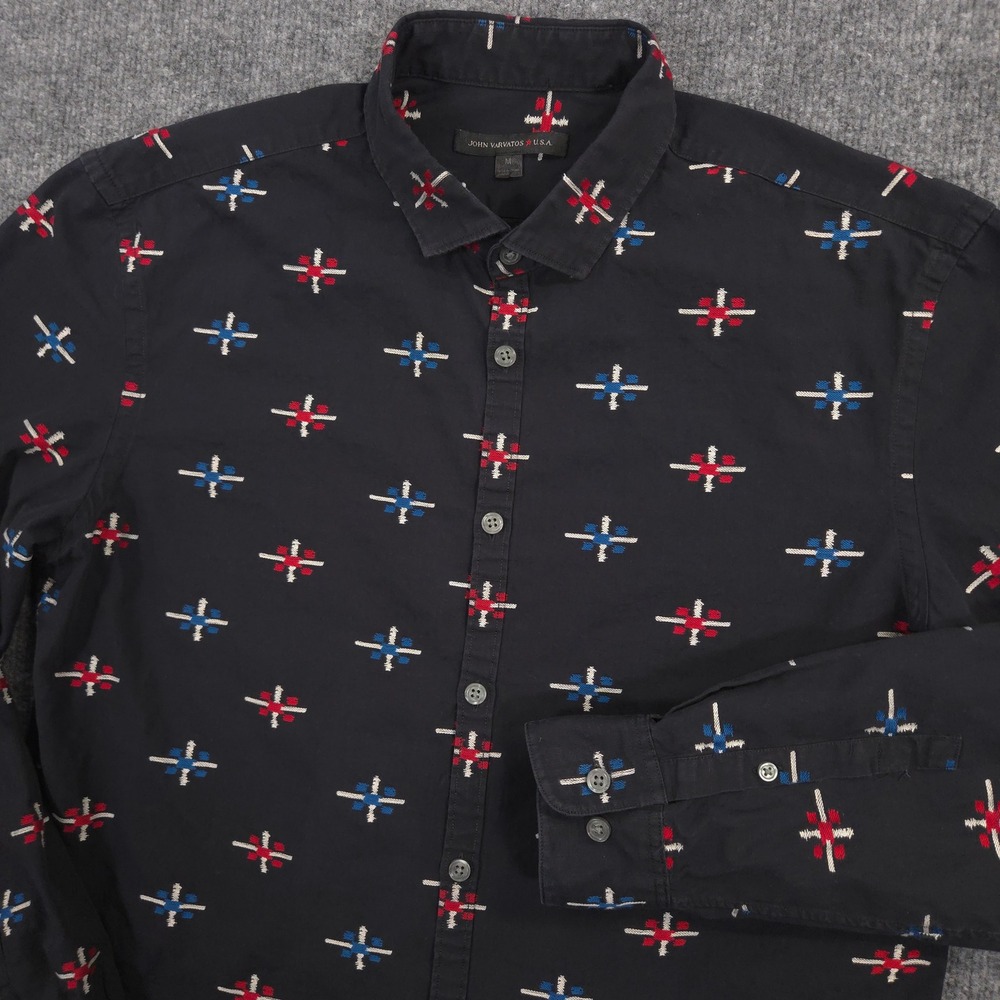 John Varvatos Clayton Star Shirt Mens M Black Embroidered Southwestern Ikat Slim